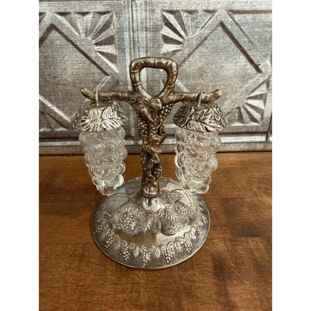 Vintage Grape Cluster Hanging Salt and Pepper Shakers Silver Tone Metal Stand